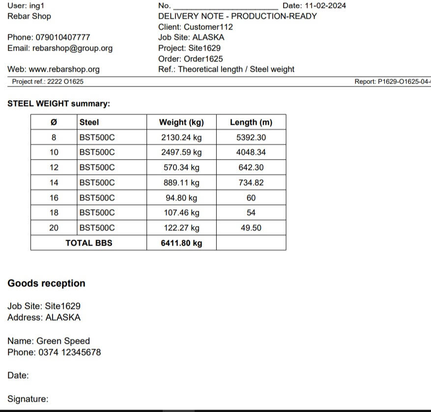 Steel reinforcement delivery note steel summary